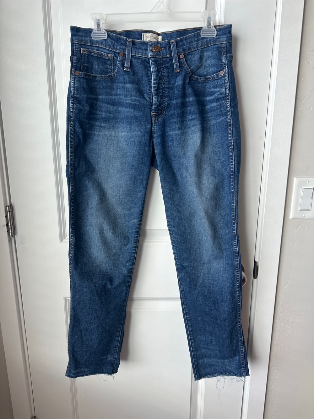 Madewell Slim Straight Cropped Fringe Blue Jeans